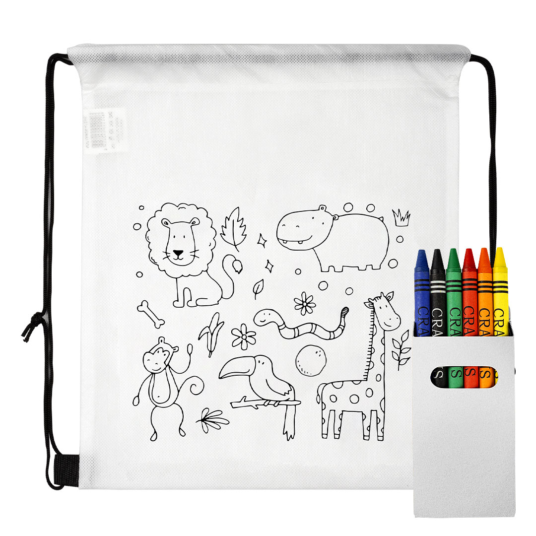 Drawstring bag with crayons