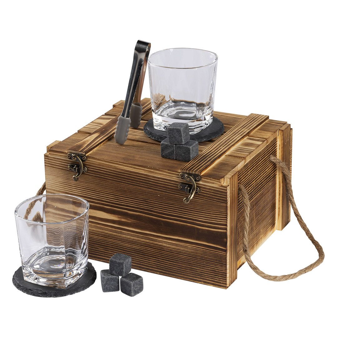 Glasses, slate coasters and granite ice cubes in a wooden box, 11/1