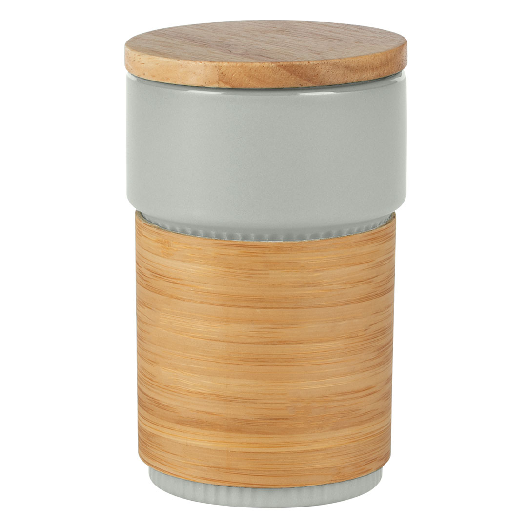 Stoneware mug with bamboo lid and holder, 340 ml