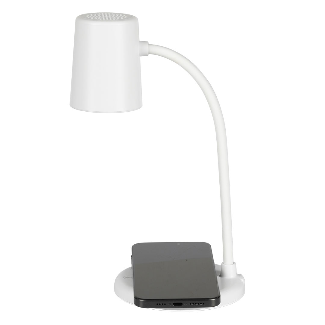 Desk lamp with speaker, 3W, and wireless charger, 15W.