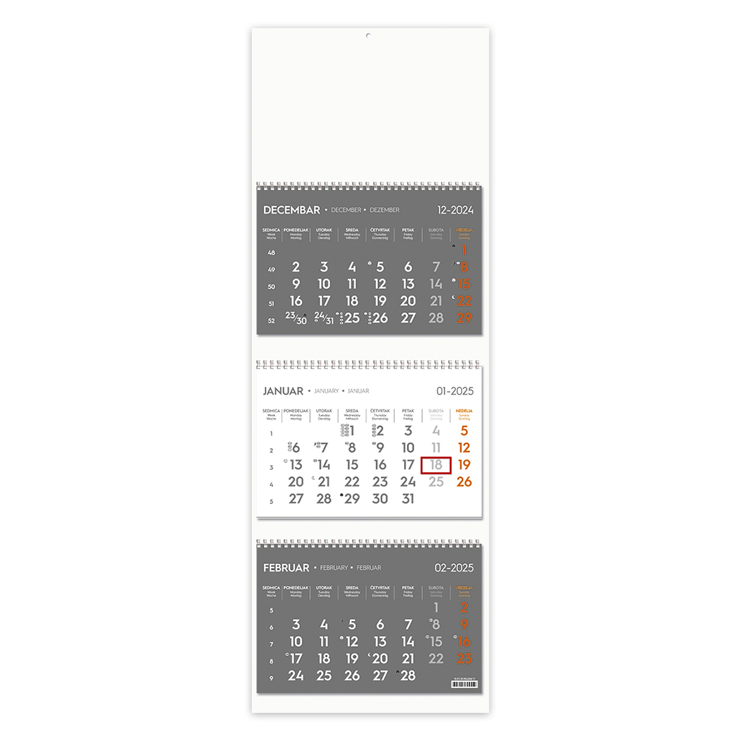 Wall calendar, 3 parts, 3 x 12 pages, format 23 x 51 cm